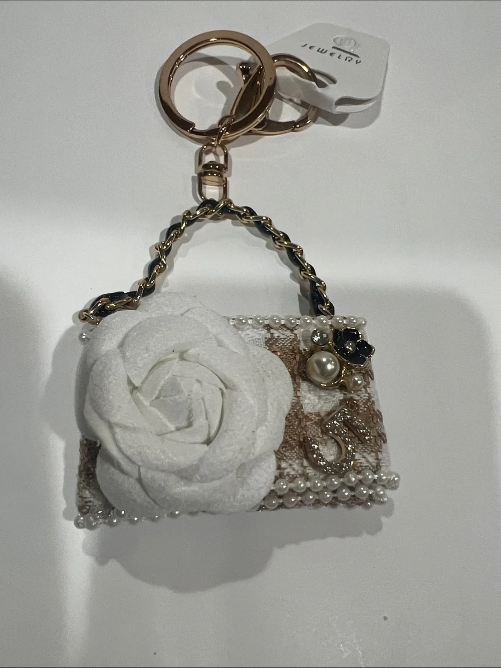 Gold Tone Pearl-Embellished White Floral Mini Bag Keychain